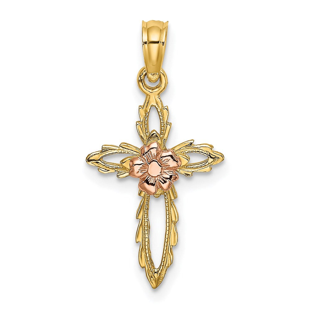 14k Two-tone 13 mm Cut-Out Cross w/ Flower Charm (0.66 grams)