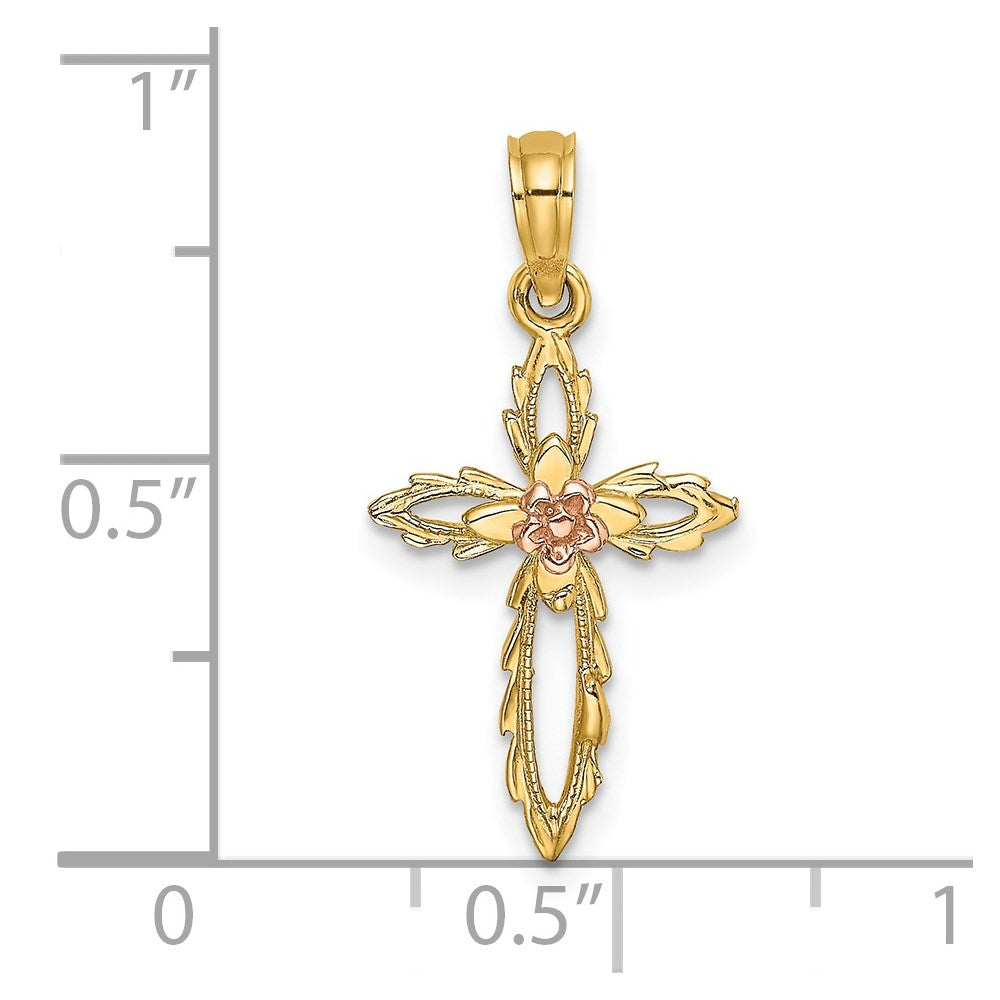 14k Two-tone 11 mm Two-Tone Cross w/ Cut-Out Flower Charm (0.55 grams)