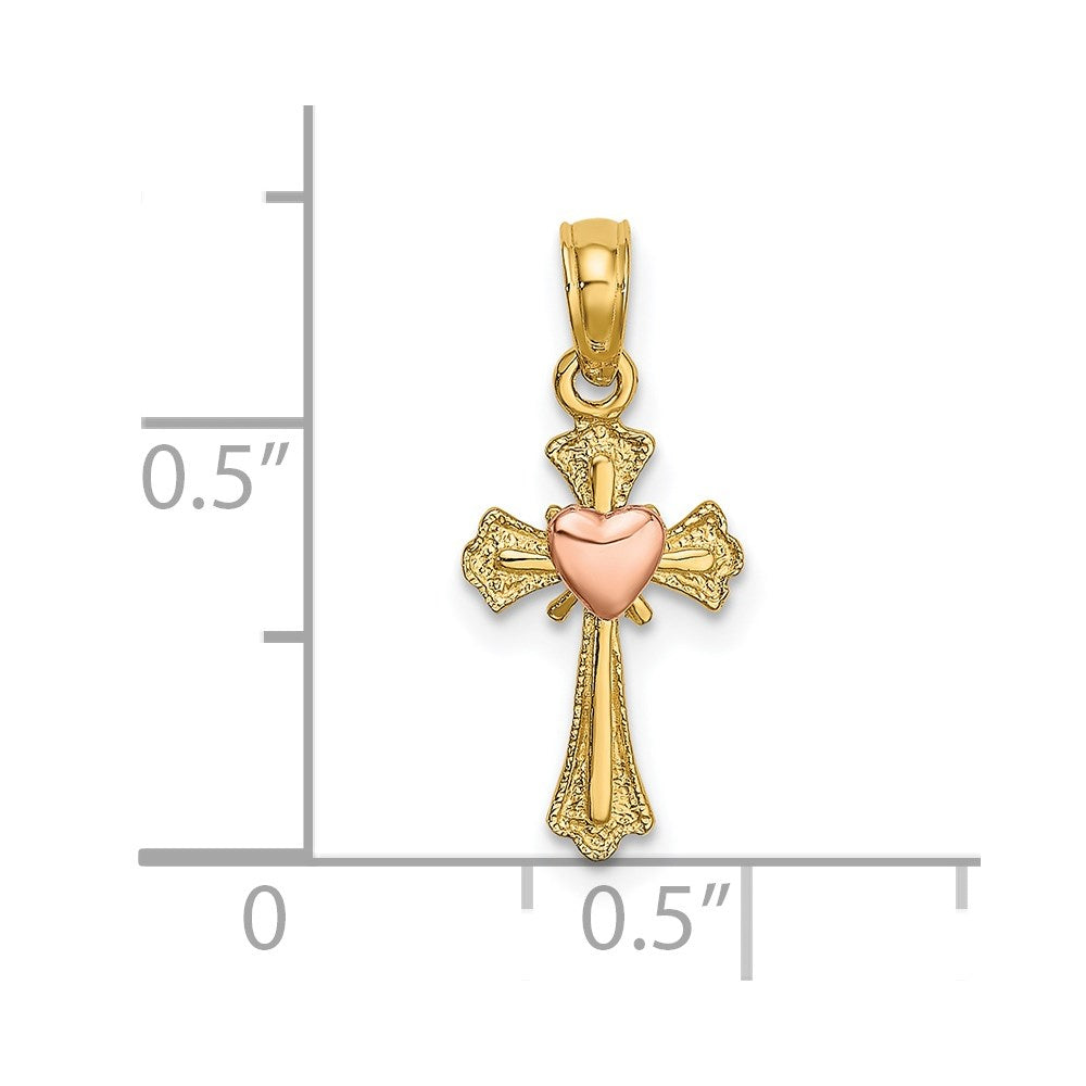 14k Two-tone 9 mm Two-Tone Cross w/ Heart Charm (0.64 grams)