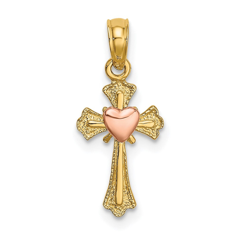 14k Two-tone 9 mm Two-Tone Cross w/ Heart Charm (0.64 grams)