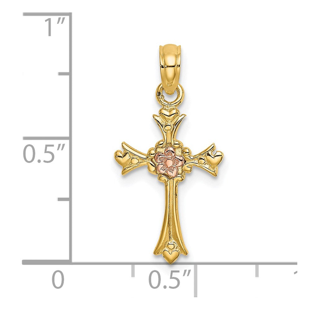 14k Two-tone 12 mm Two-Tone Cross w/ Flower Charm (0.75 grams)