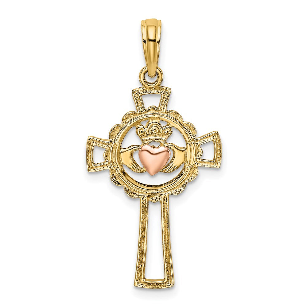 14k Two-tone 15 mm Two-Tone Claddagh Cross Charm (1.15 grams)