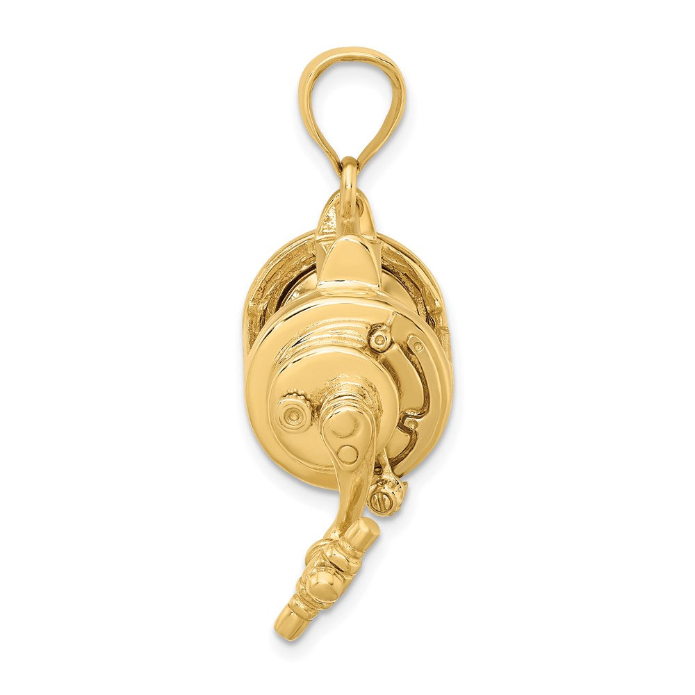 14k Yellow Gold 26.45 mm Moveable 3D Fishing Reel Charm (13.57 grams)