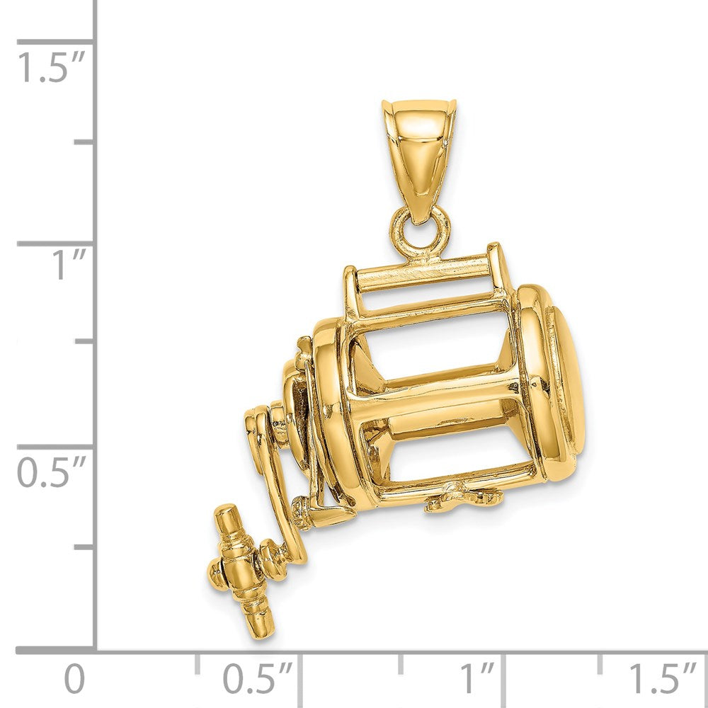 14k Yellow Gold 26.45 mm Moveable 3D Fishing Reel Charm (13.57 grams)