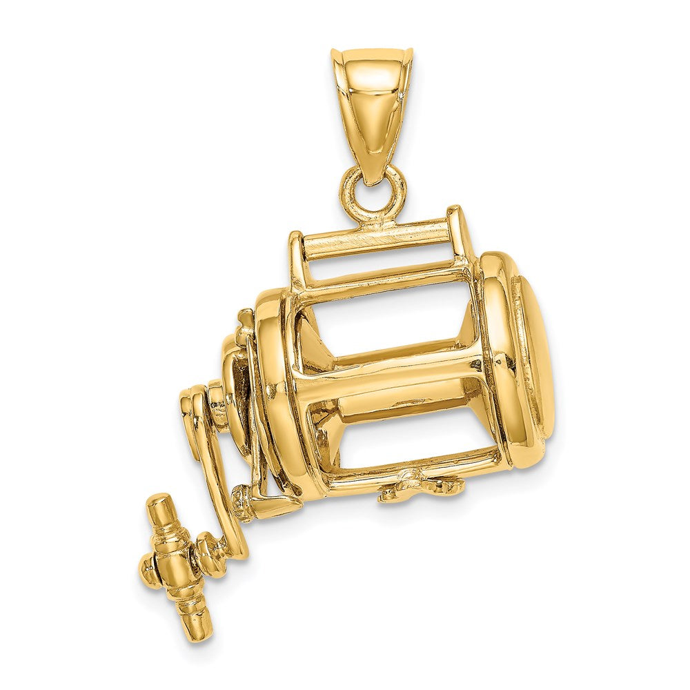 14k Yellow Gold 26.45 mm Moveable 3D Fishing Reel Charm (13.57 grams)