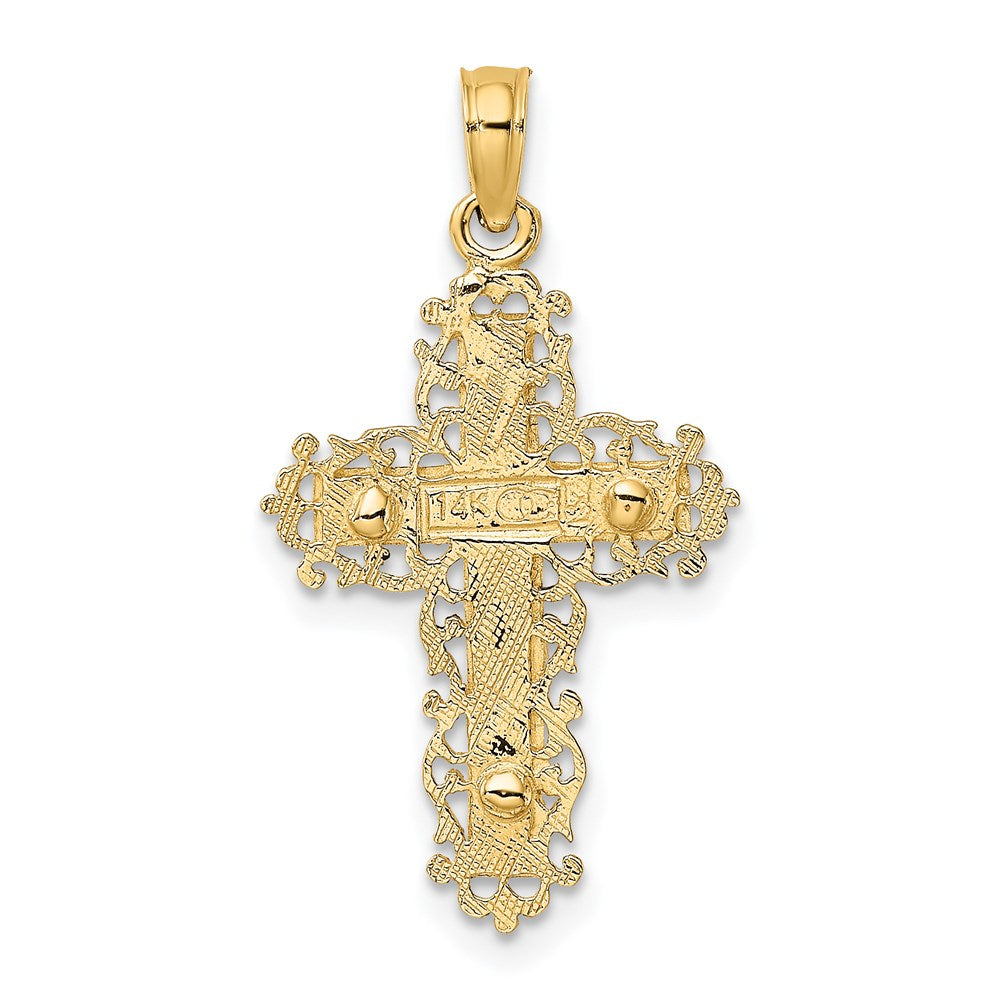 14k Two-tone 15 mm Textured Lace Trim Crucifix Charm (1.23 grams)