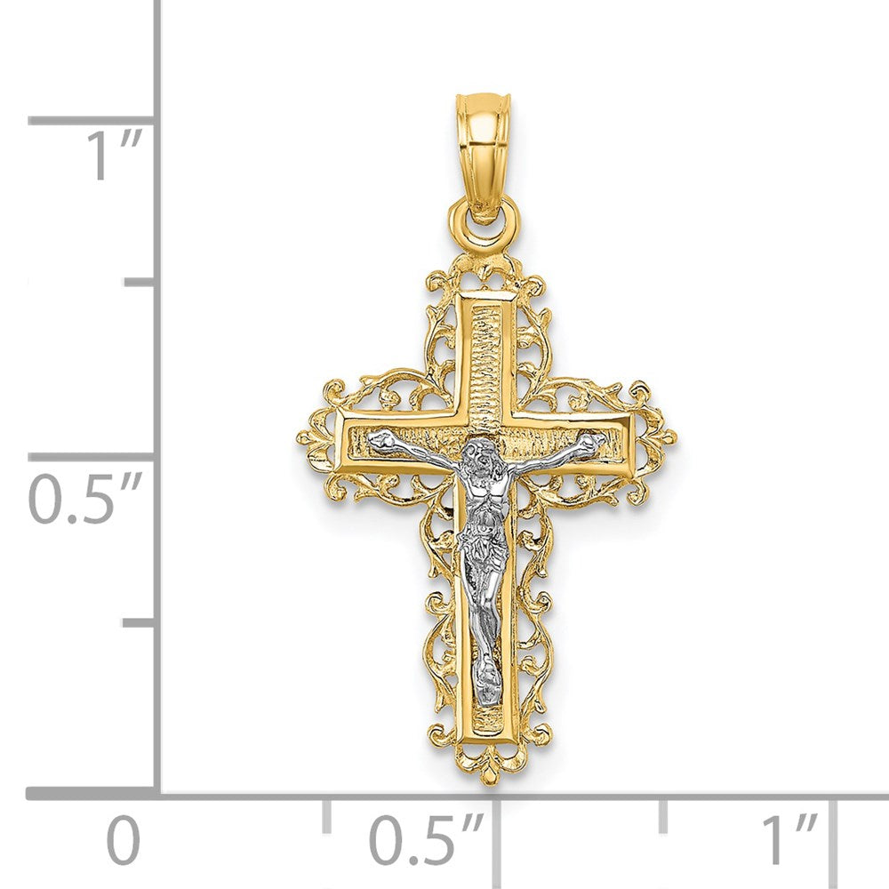 14k Two-tone 15 mm Textured Lace Trim Crucifix Charm (1.23 grams)