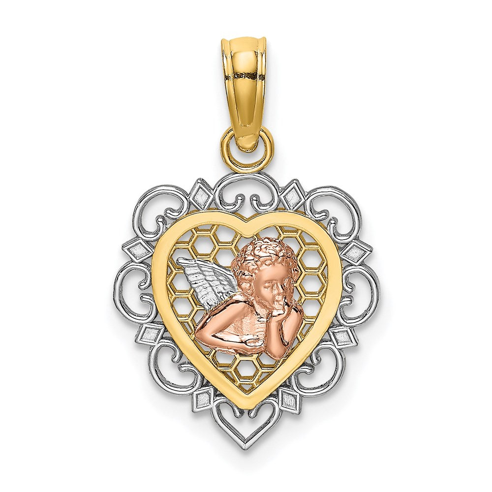 14k Two-tone 14 mm Small Angel In Heart Charm (0.89 grams)