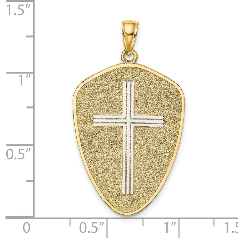 14k Yellow & Rhodium 20 mm Cross Shield W/ Joshua 1:9 On Reverse Charm (3.61 grams)