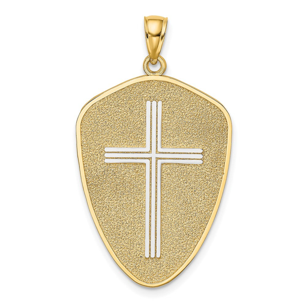 14k Yellow & Rhodium 20 mm Cross Shield W/ Joshua 1:9 On Reverse Charm (3.61 grams)