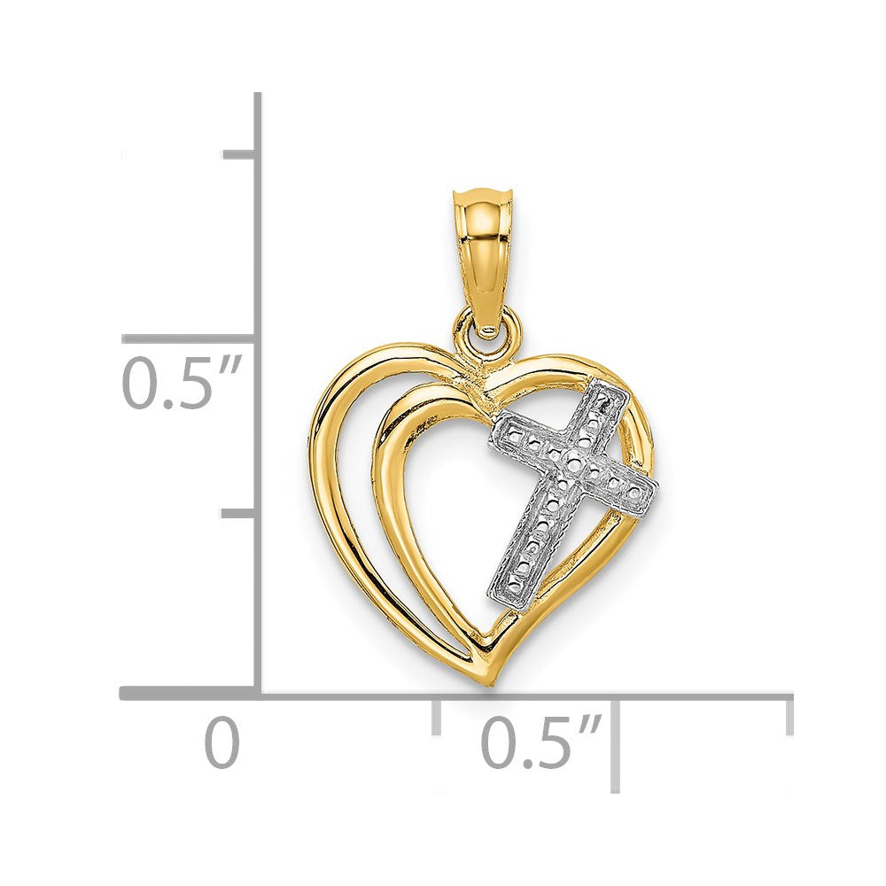 14k Yellow & Rhodium 14 mm Cross In Heart Charm (0.93 grams)