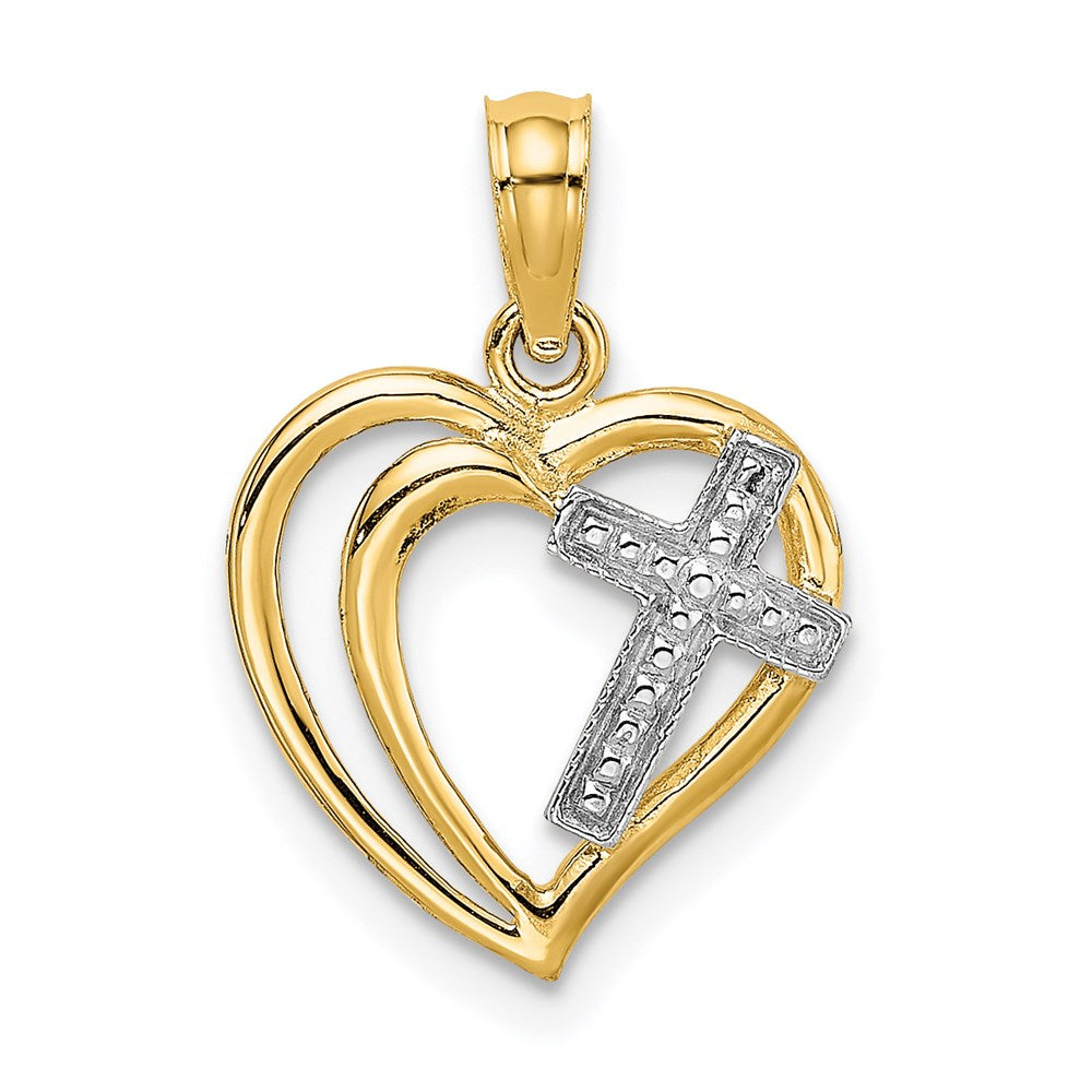 14k Yellow & Rhodium 14 mm Cross In Heart Charm (0.93 grams)