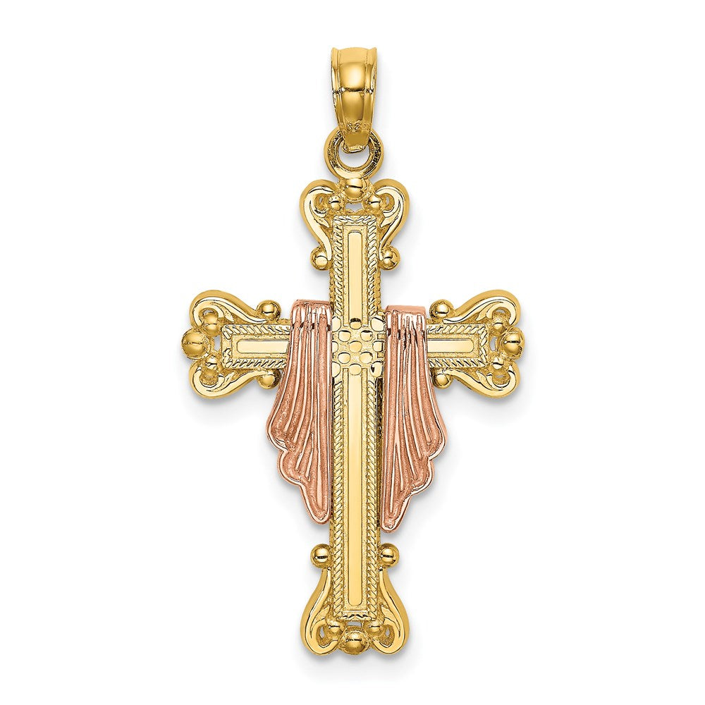 14k Two-tone 17 mm Two-Tone Cross w/ Drape Charm (1.88 grams)