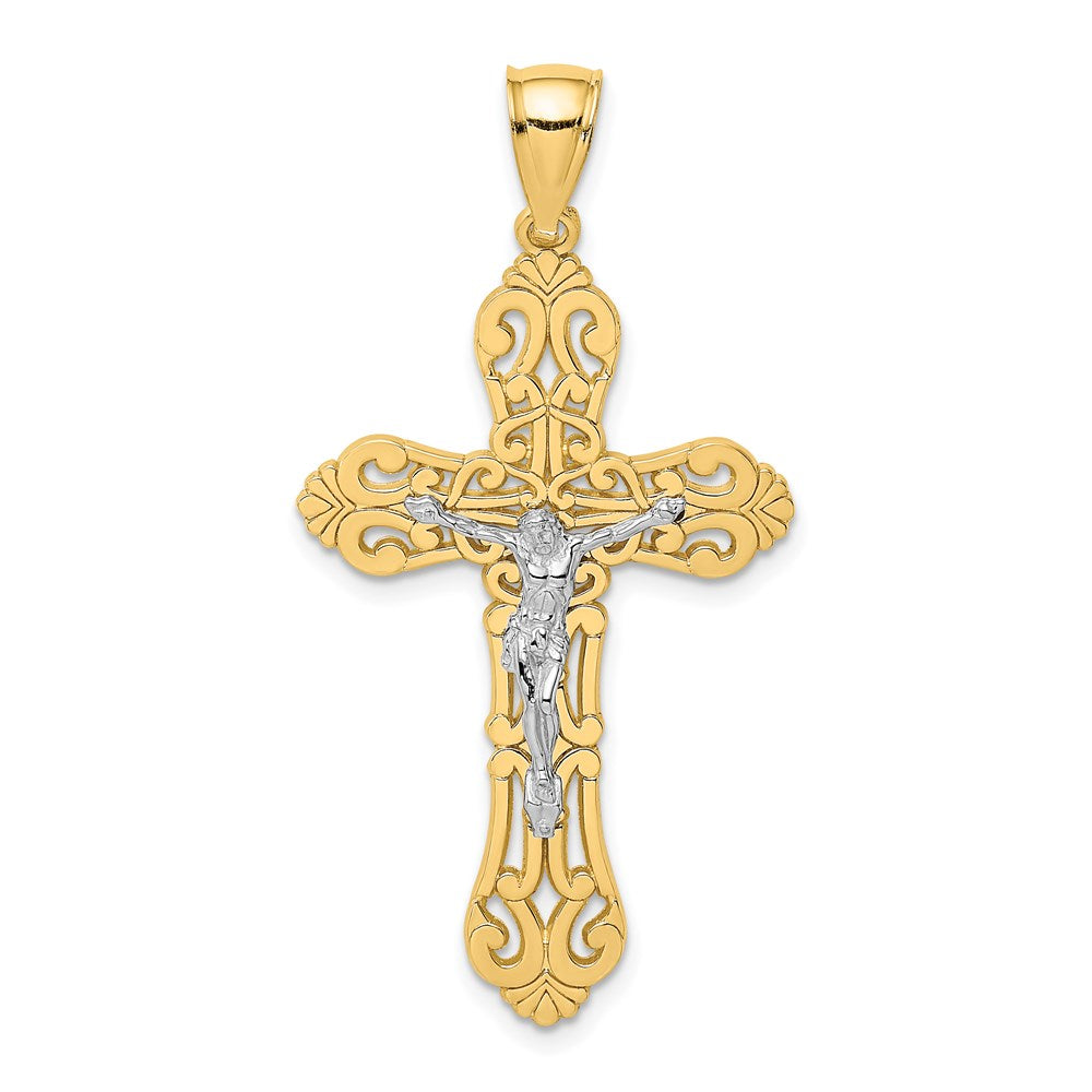 14k Two-tone 23 mm Two-tone Crucifix W/ Scrolled Tips Charm (2.57 grams)