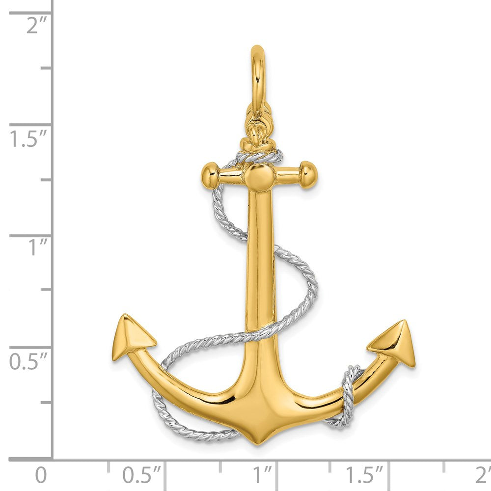 14k Yellow & Rhodium 35.4 mm 3-D Large Anchor w/Rope and Shackle Bail Charm (9.02 grams)