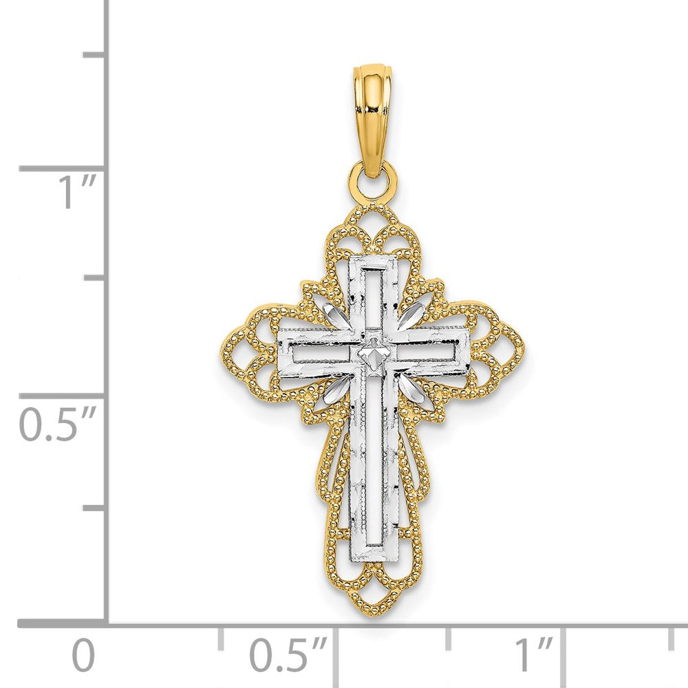 14k Yellow & Rhodium 17 mm Lace Trim Cross Charm (1.5 grams)