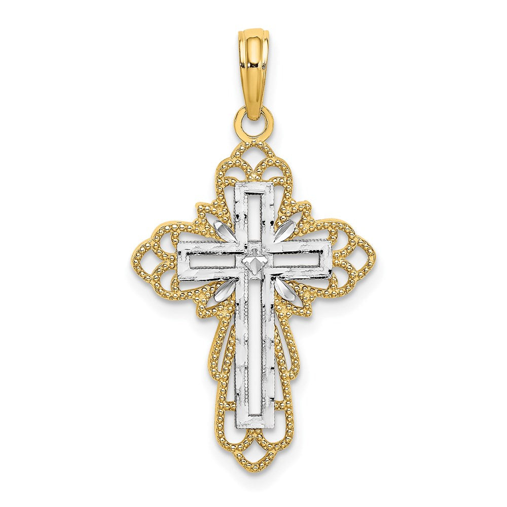 14k Yellow & Rhodium 17 mm Lace Trim Cross Charm (1.5 grams)