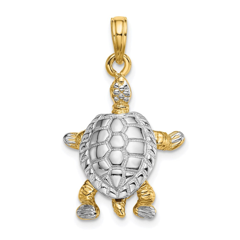 14k Yellow & Rhodium 18 mm 3-D Land Turtle W/ Moveable Head Charm (2.34 grams)