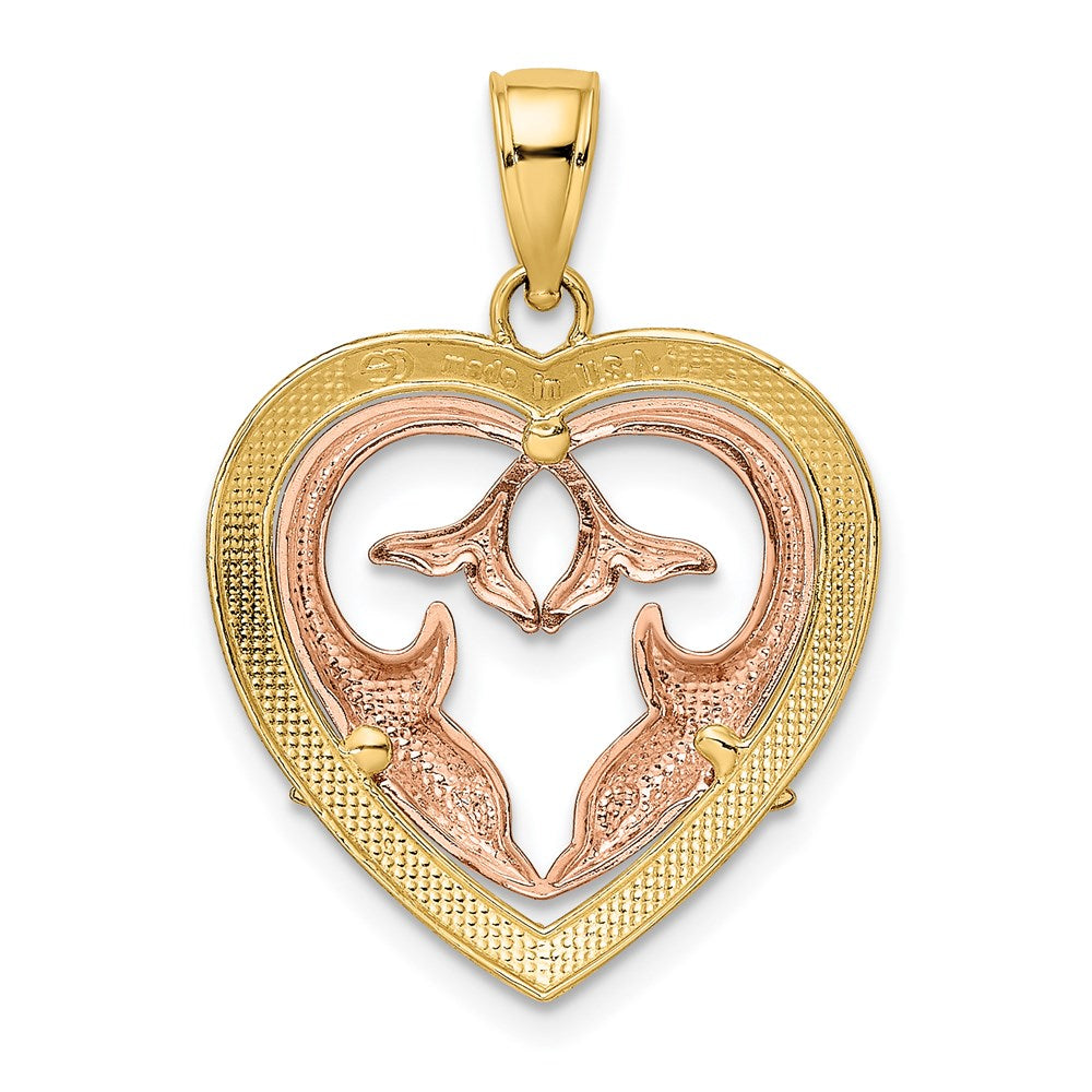 14k Two-tone 19.6 mm Dolphins In Heart Frame Charm (1.58 grams)