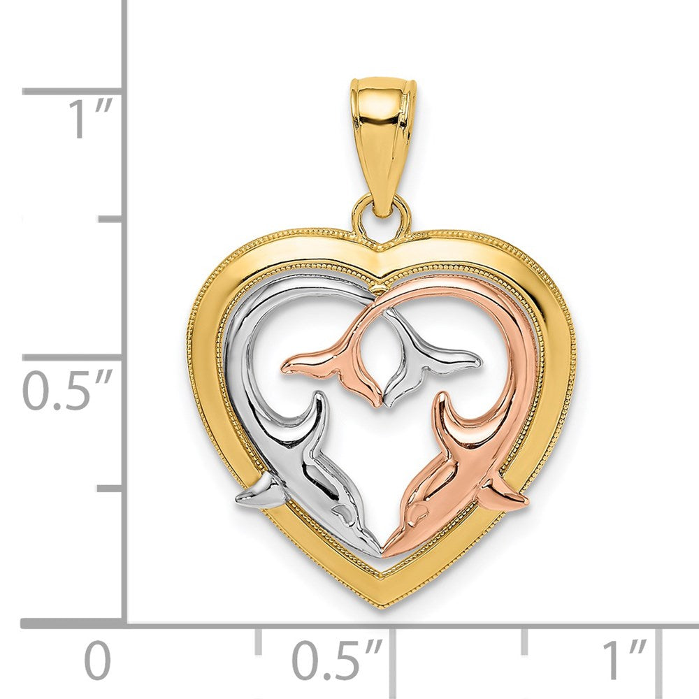 14k Two-tone 19.6 mm Dolphins In Heart Frame Charm (1.58 grams)