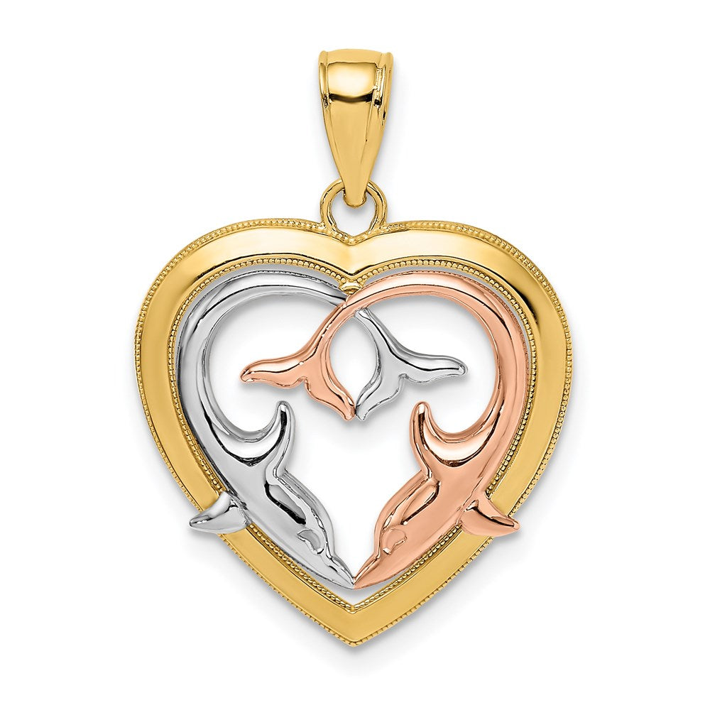 14k Two-tone 19.6 mm Dolphins In Heart Frame Charm (1.58 grams)