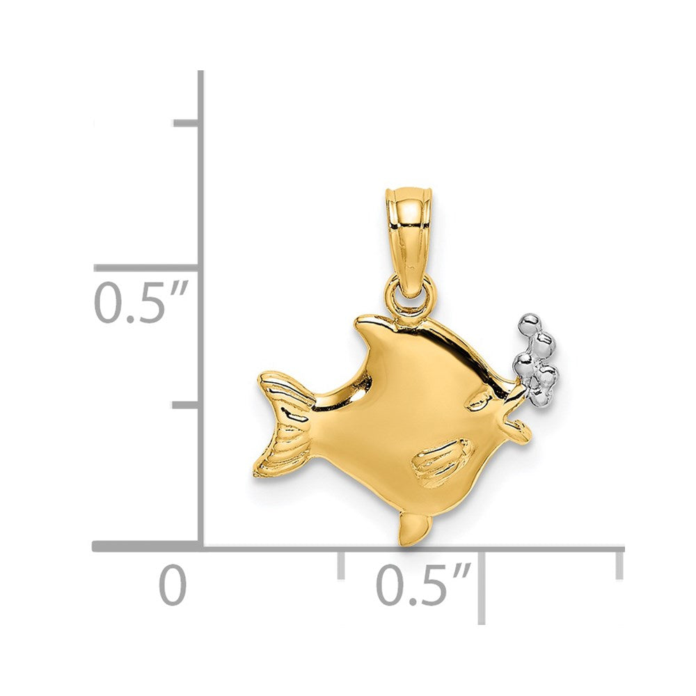 14k Yellow & Rhodium 14.2 mm 2-D Fish w/ Bubbles Charm (0.66 grams)