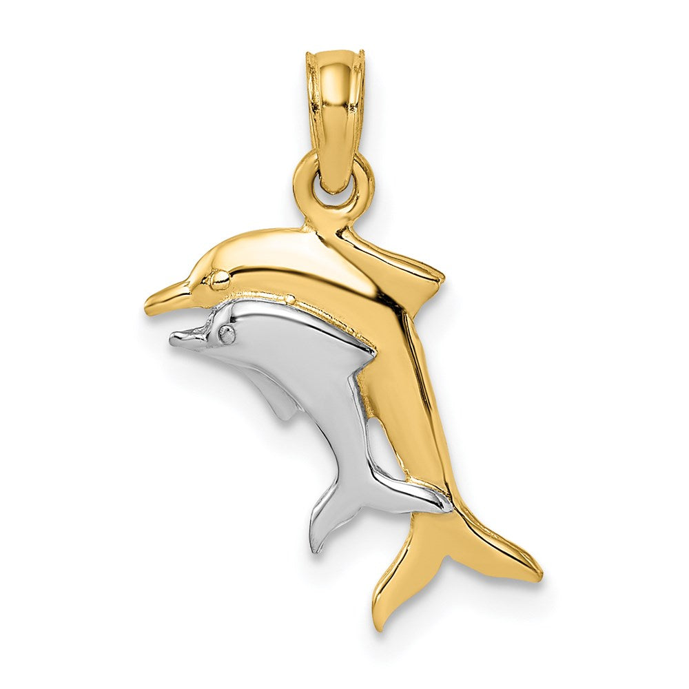 14k Yellow & Rhodium 17.3 mm 2-D Polished Dolphins Charm (0.82 grams)