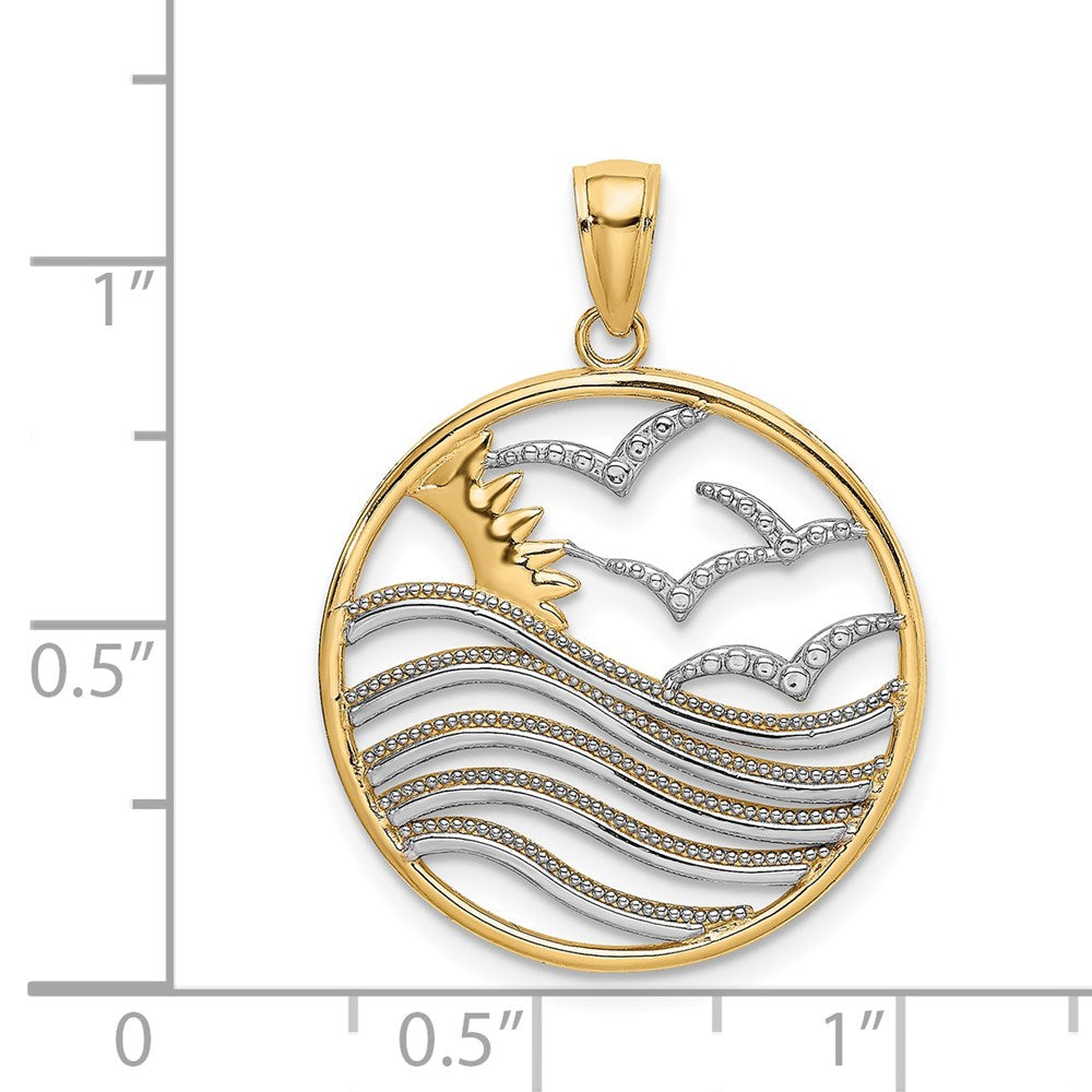 14k Yellow & Rhodium 22.8 mm Sunset and Seagulls In Circle Pendant (2.21 grams)