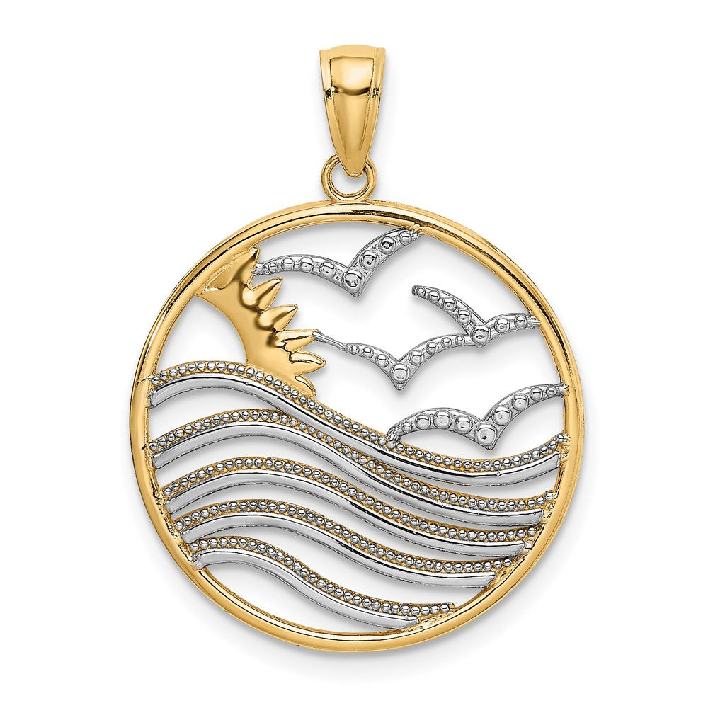 14k Yellow & Rhodium 22.8 mm Sunset and Seagulls In Circle Pendant (2.21 grams)