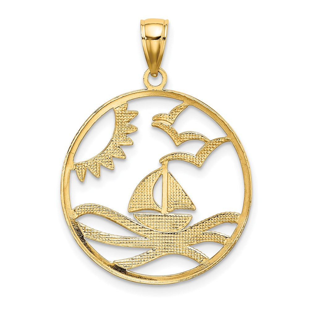 14k Yellow & Rhodium 22.6 mm Sun Sailboat Water Seagulls Circle Charm (1.59 grams)
