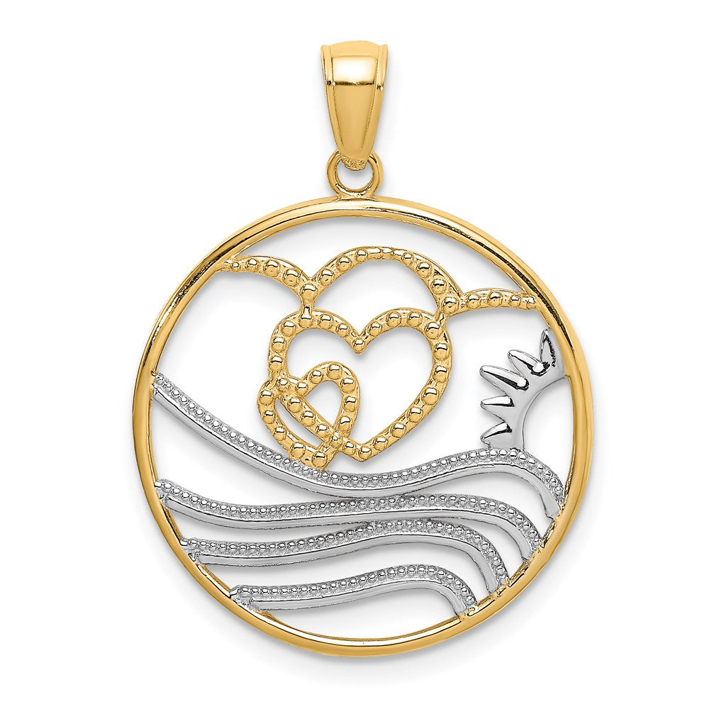 14k and White Rhodium Sunset/Hearts/Water in Circle Charm (1.71 grams)
