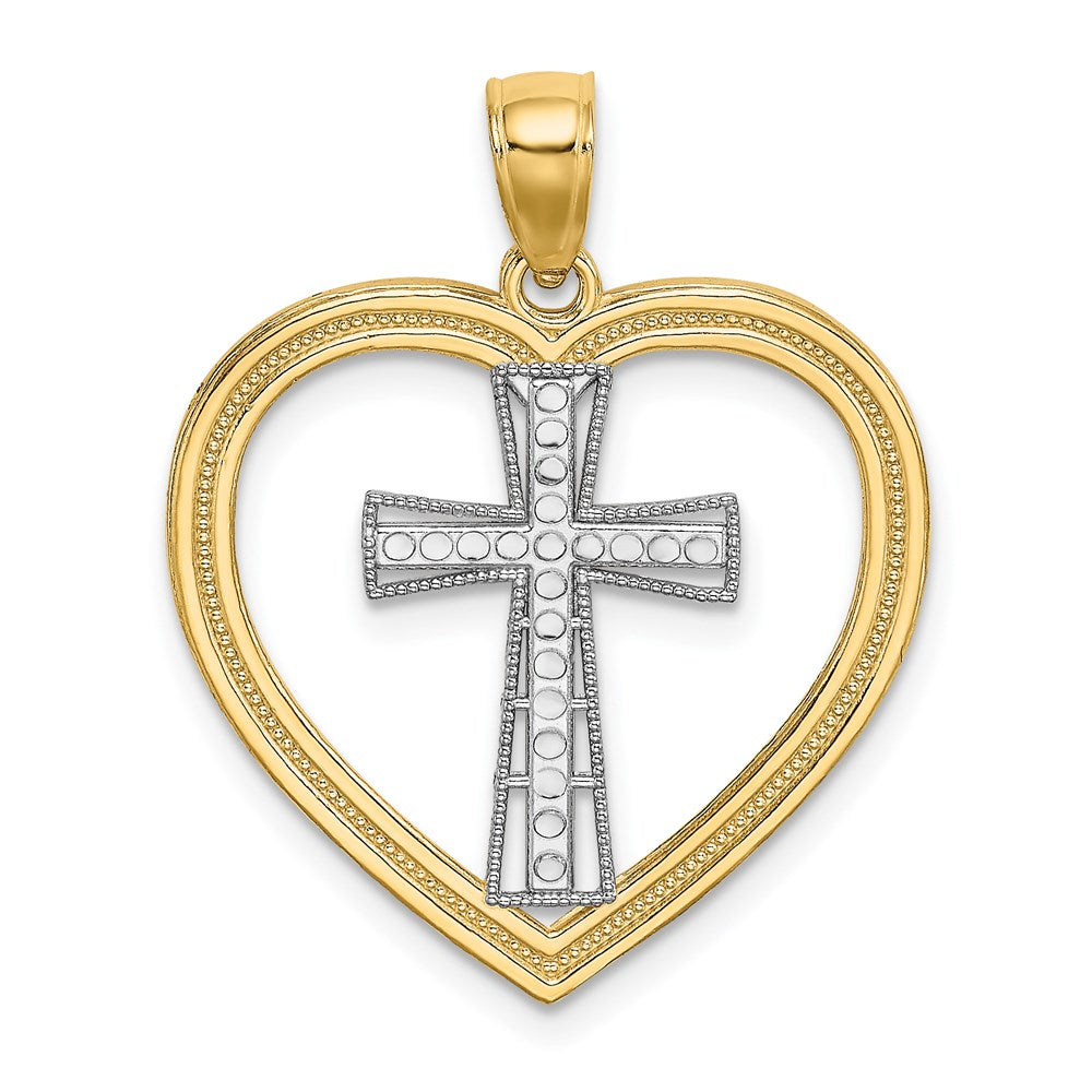 14k Yellow & Rhodium 23 mm Heart W/White Cross In Center Charm (1.37 grams)