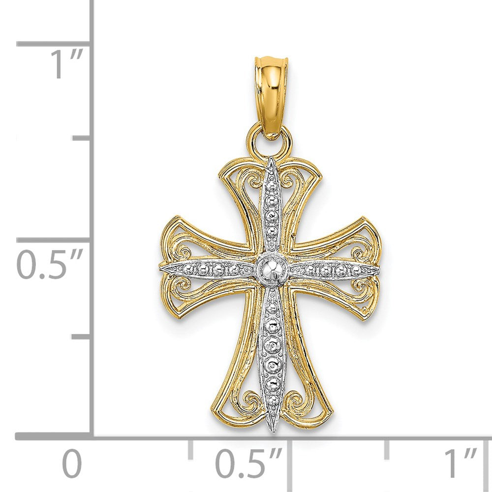 14k Yellow & Rhodium 14 mm Textured Cross Charm (1.16 grams)