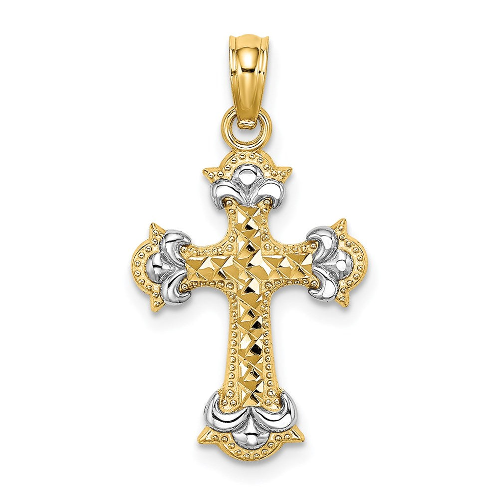 14k Yellow & Rhodium and D/C Fleur-De-Lis Cross Charm (0.9 grams)