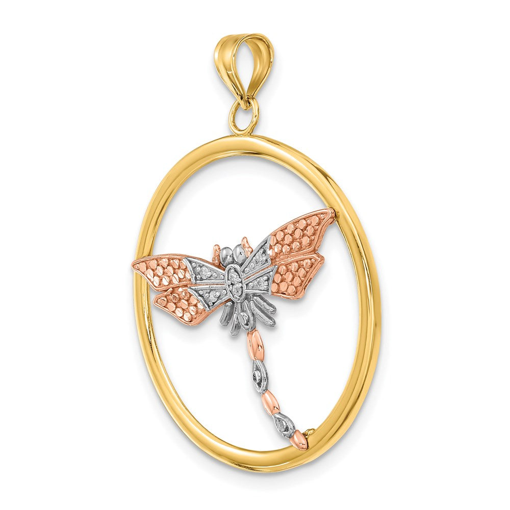 14k Two-tone 26 mm Textured Dragonfly in Round Frame Charm (2.28 grams)