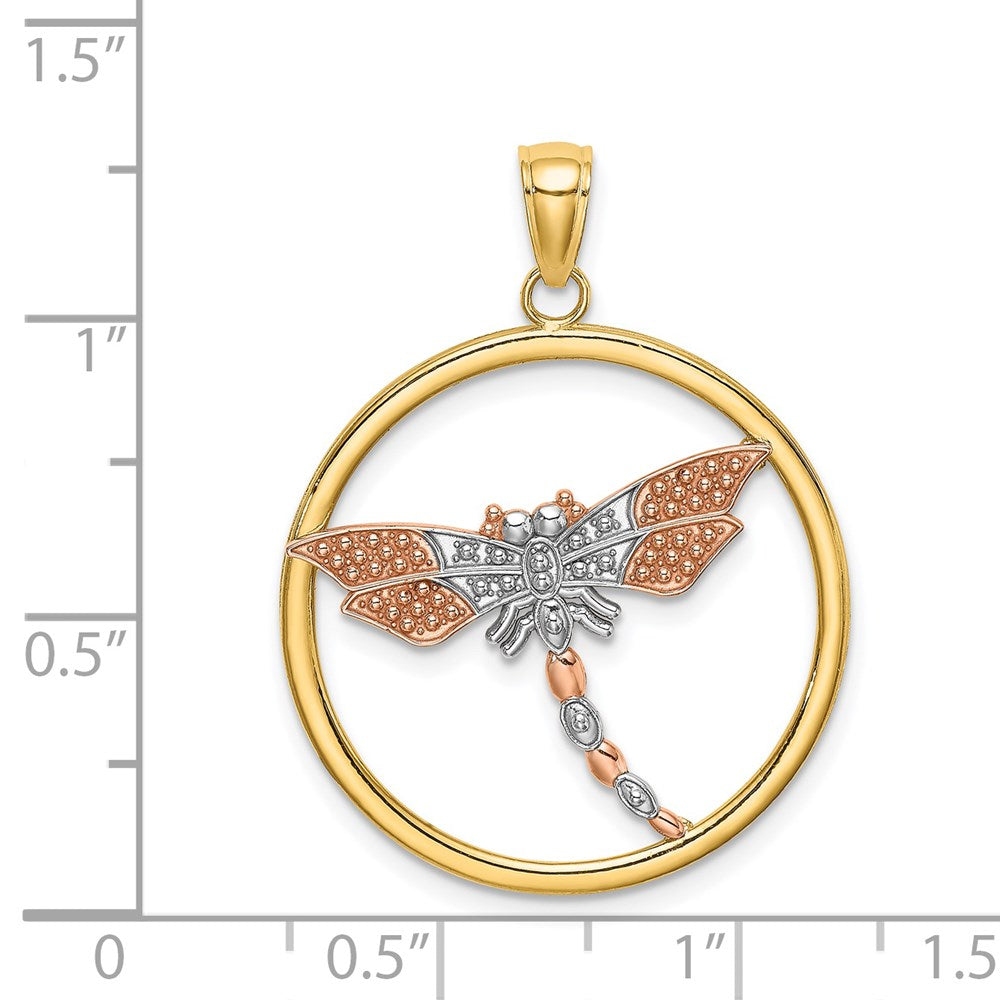 14k Two-tone 26 mm Textured Dragonfly in Round Frame Charm (2.28 grams)