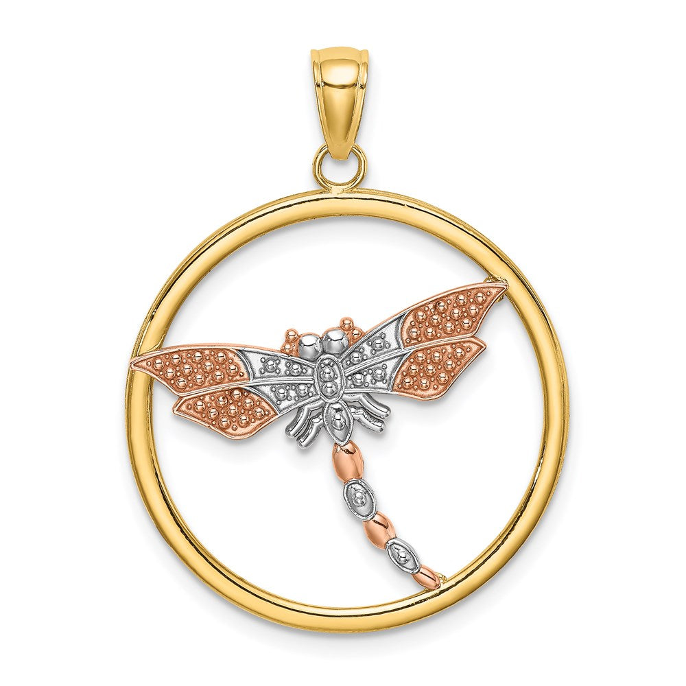 14k Two-tone 26 mm Textured Dragonfly in Round Frame Charm (2.28 grams)