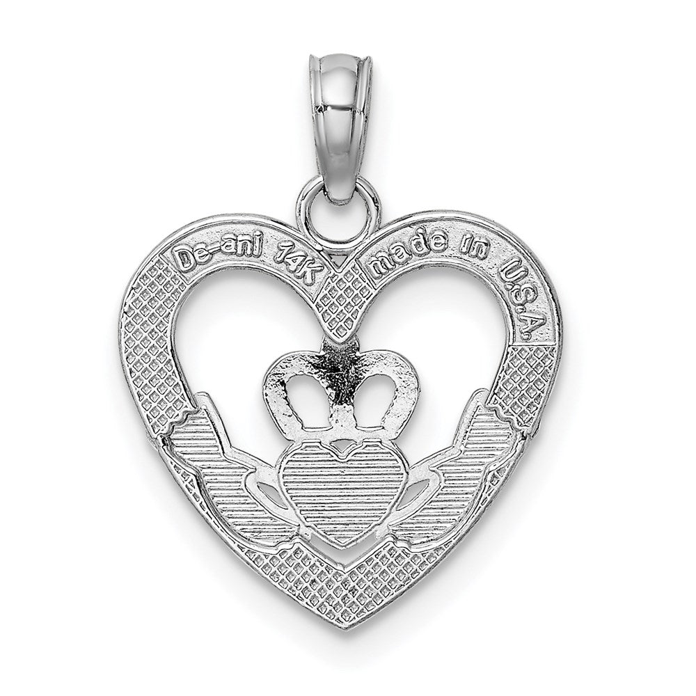 14K White Gold Polished and Textured Heart Claddagh Charm (0.87 grams)