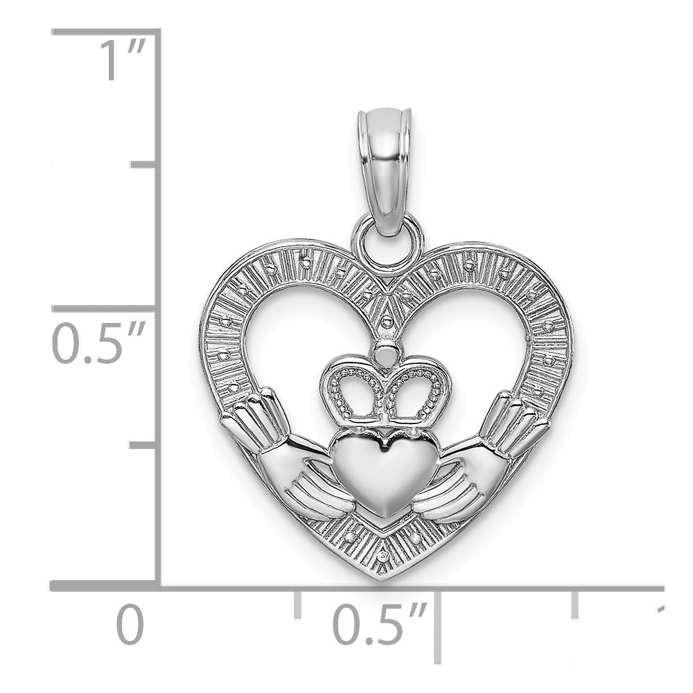 14K White Gold Polished and Textured Heart Claddagh Charm (0.87 grams)