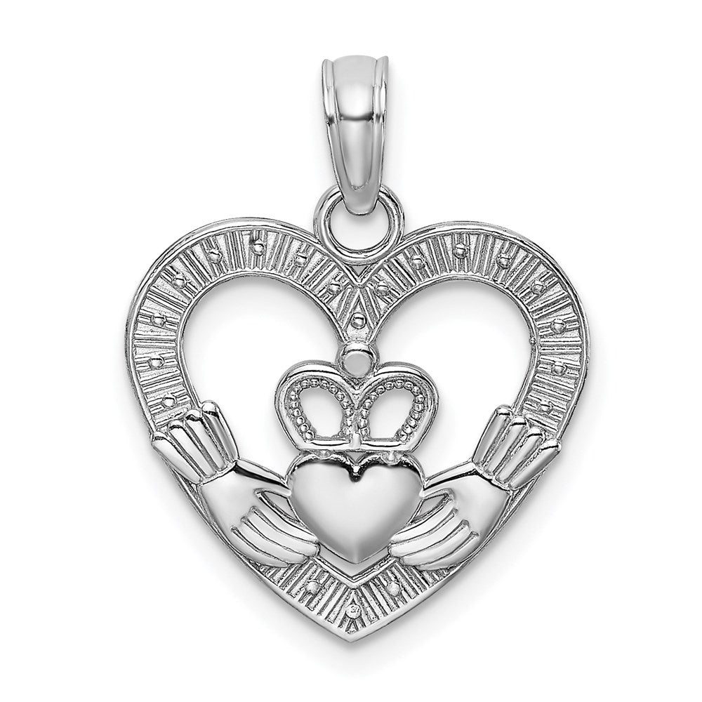 14K White Gold Polished and Textured Heart Claddagh Charm (0.87 grams)