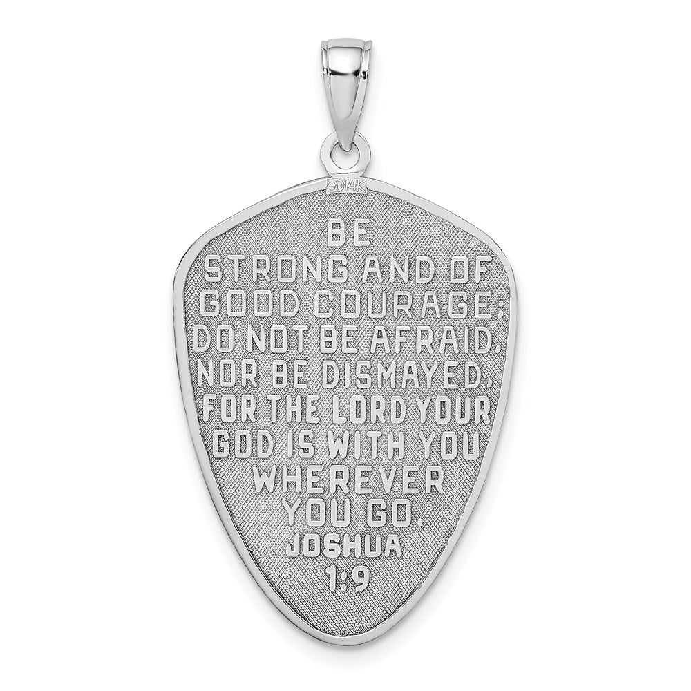 14k White Gold 20 mm Cross Shield w/ Joshua 1:9 On Reverse Charm (3.45 grams)