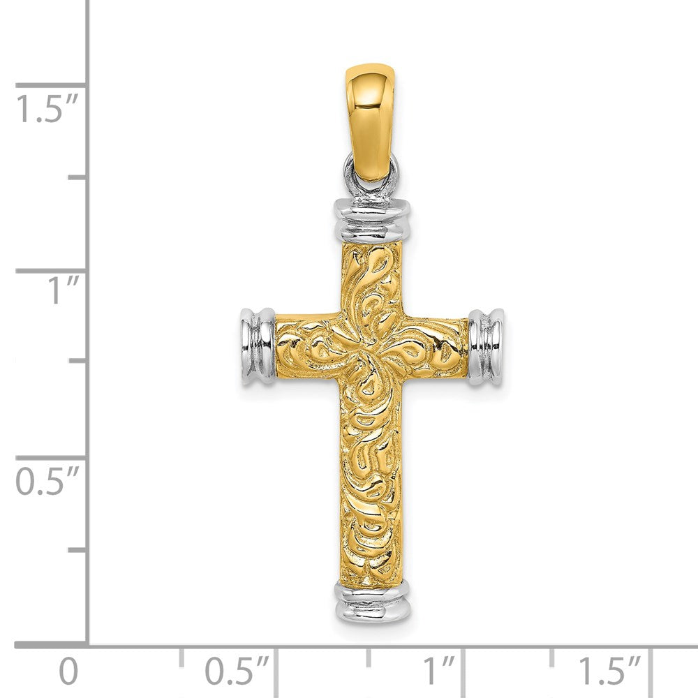 14k Two-tone 19.15 mm Scroll and Double Endcaps Cross Charm (6.79 grams)