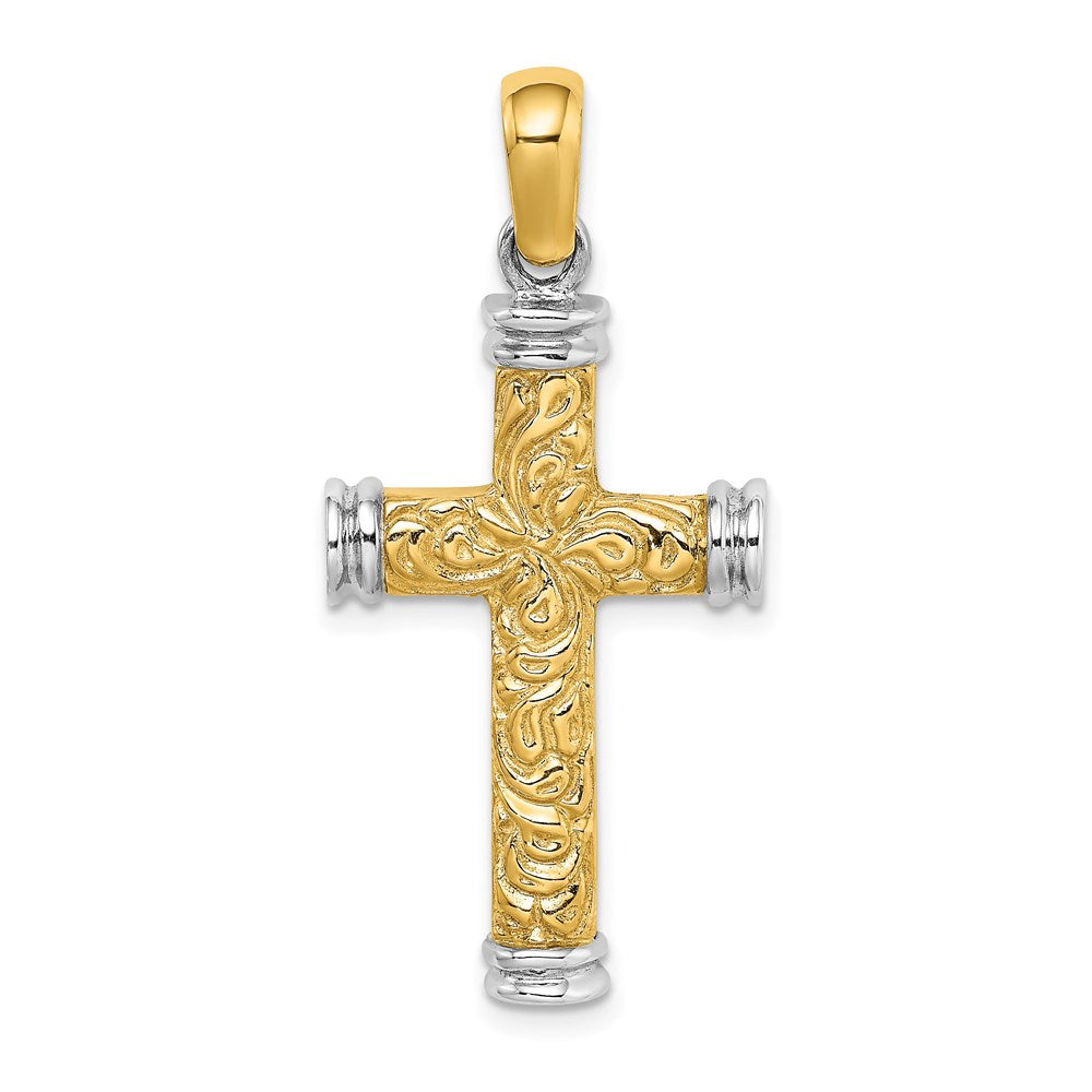 14k Two-tone 19.15 mm Scroll and Double Endcaps Cross Charm (6.79 grams)