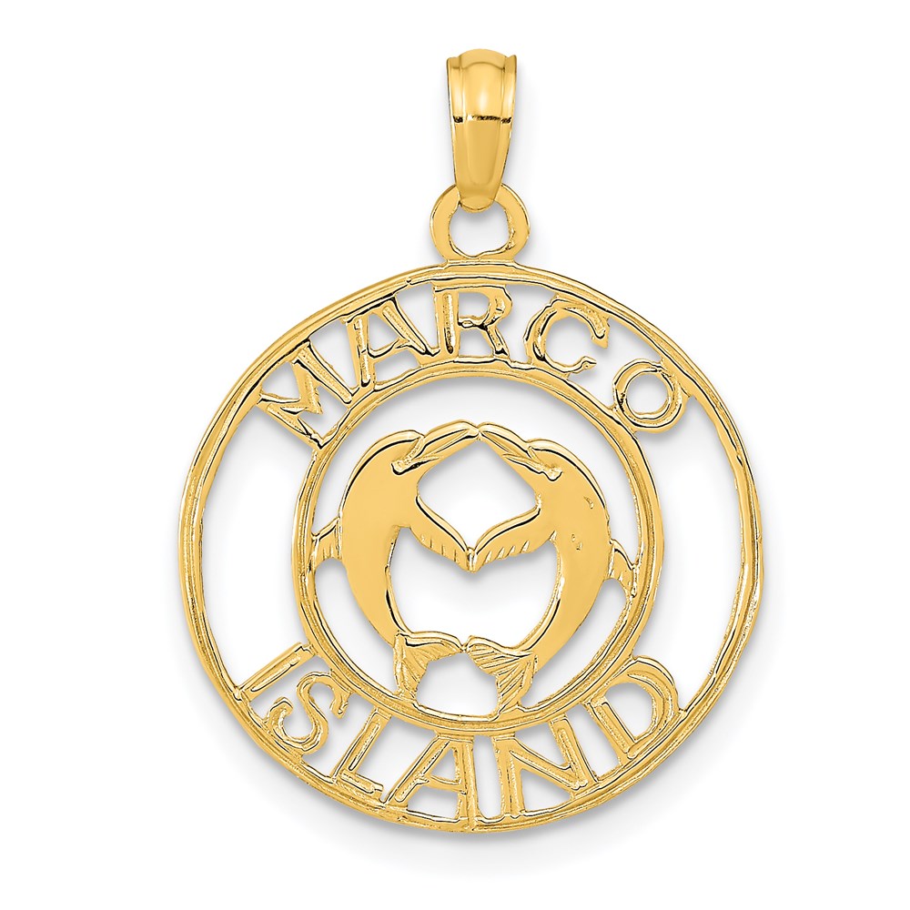 14k Yellow Gold 19 mm MARCO ISLAND with Dolphins Circle Pendant (1.27 grams)