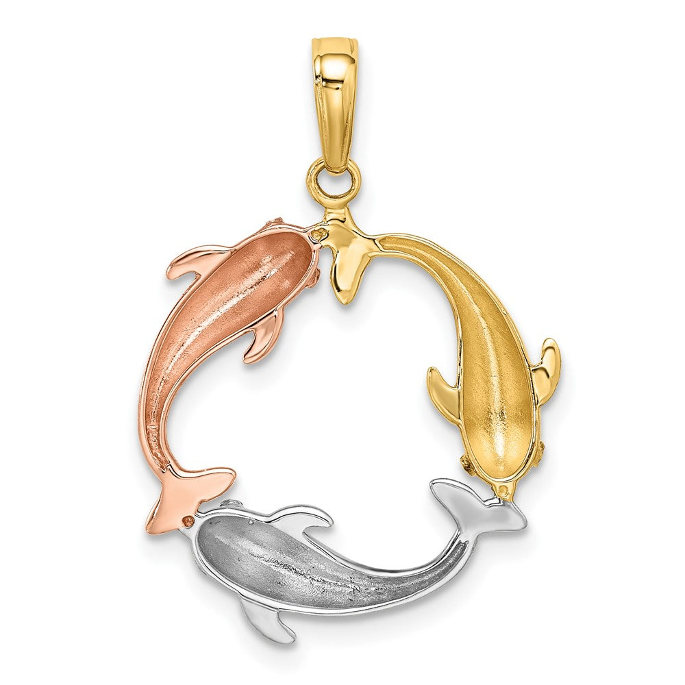 14k Tri-Color 20.55 mm Tri-color Triple Dolphin Circle Pendant (2.02 grams)