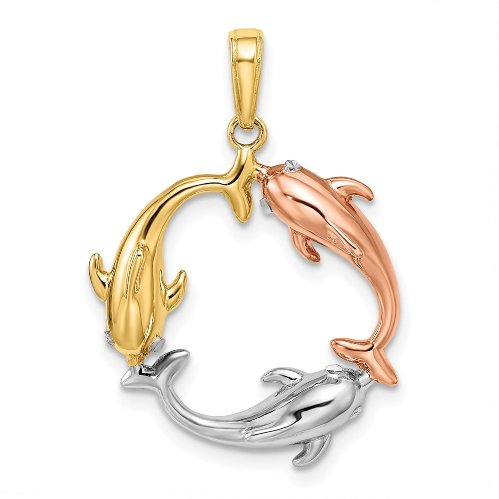 14k Tri-Color 20.55 mm Tri-color Triple Dolphin Circle Pendant (2.02 grams)