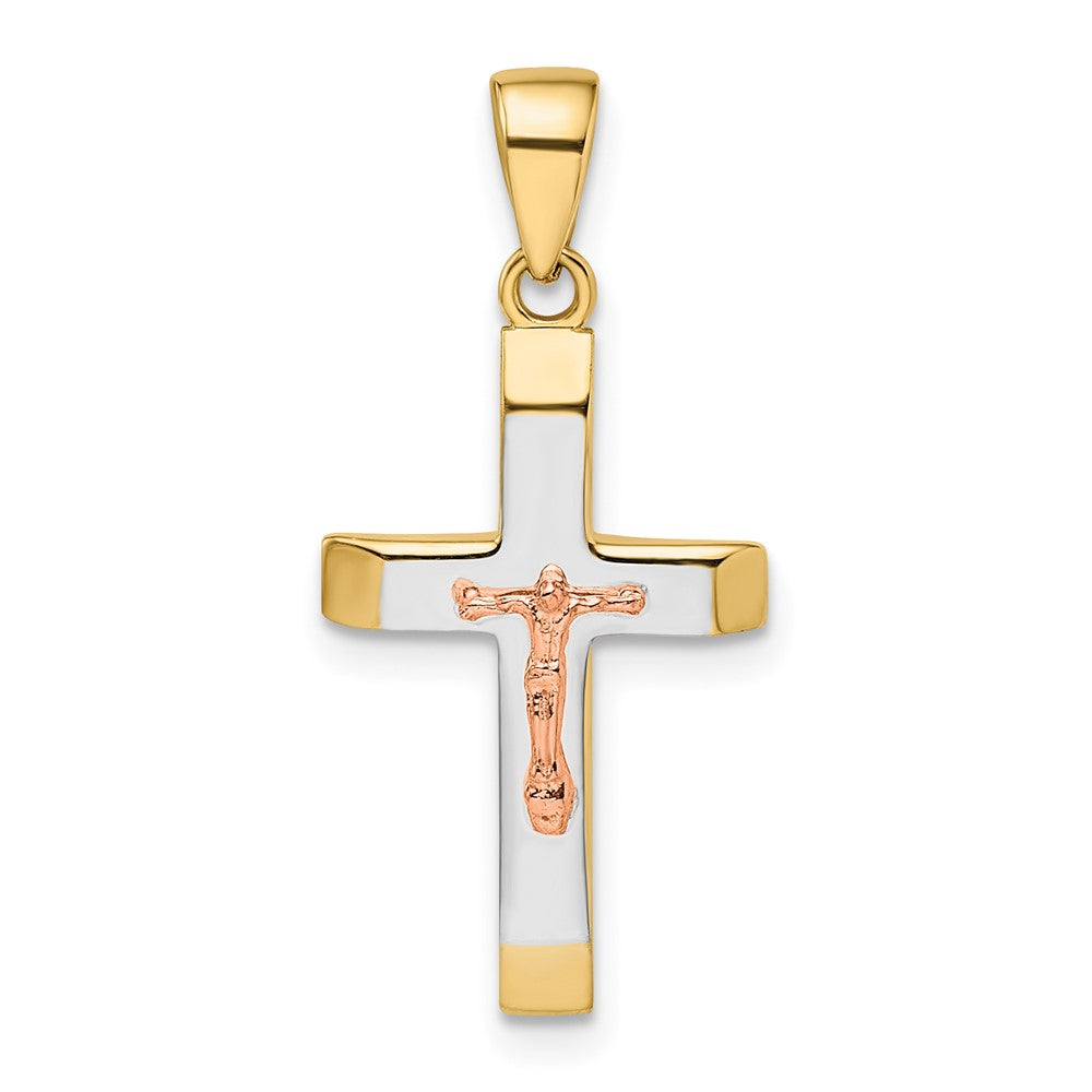 14k Two-tone 12.4 mm Beveled Medium Crucifix Pendant (1.39 grams)