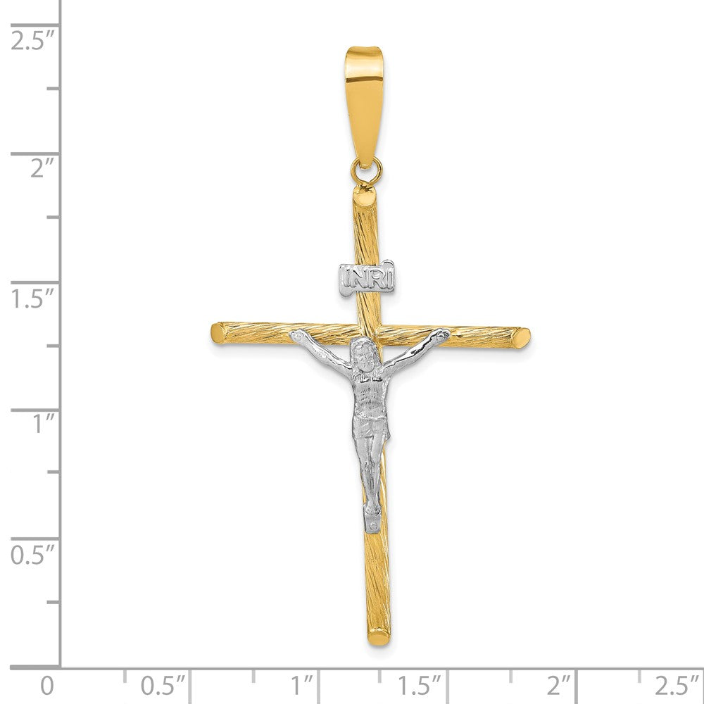 14k Yellow & Rhodium 31.75 mm w/White Rhod Polished & Textured INRI Crucifix Cross Pendant (2.13 grams)