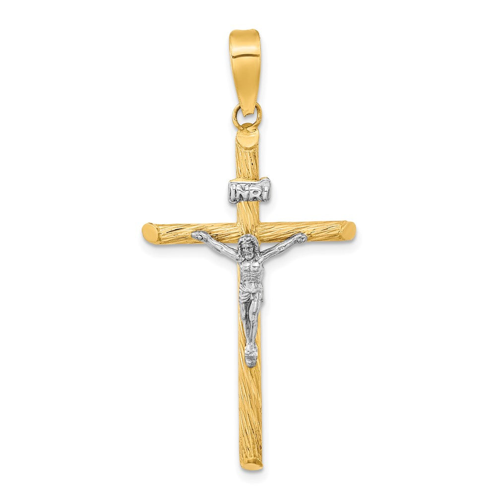 14k Yellow & Rhodium 21.9 mm w/White Rhod Polished & Textured INRI Crucifix Cross Pendant (1.75 grams)