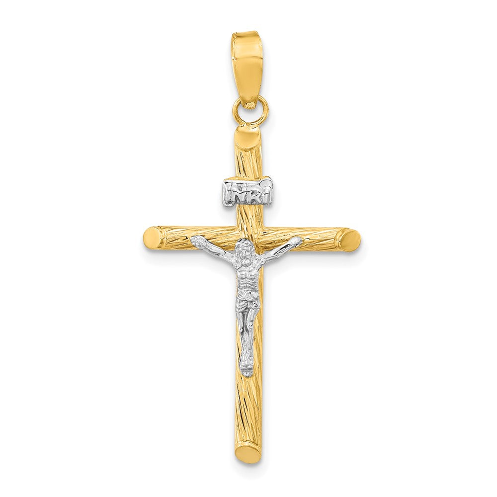 14k Yellow & Rhodium 18.85 mm w/White Rhod Polished & Textured INRI Crucifix Cross Pendant (1.38 grams)